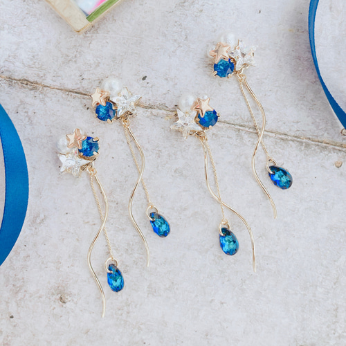 星に願いを。 イヤリング 青/ブルー/スワロフスキー/星/バミューダ