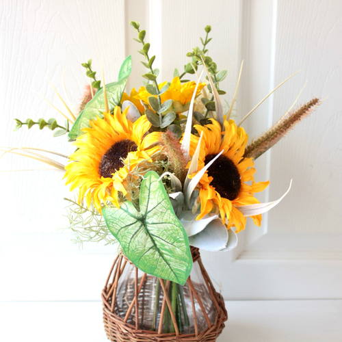 ひまわり】夏いっぱい詰め込んだ動きのある夏色造花ブーケ【花瓶別売り