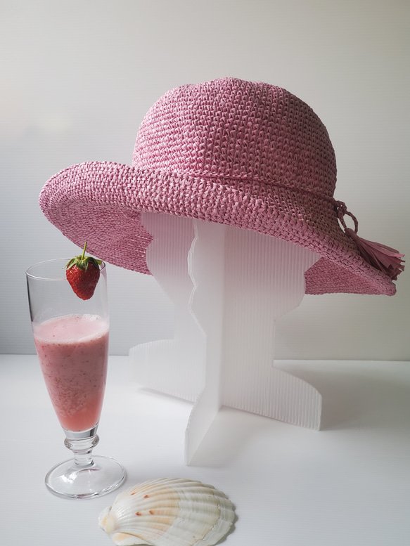 夏日遮陽帽粉紅色婦女帽拉菲亞草帽勾針鉤針手工編織活動流蘇繩母親節禮物 第6張的照片