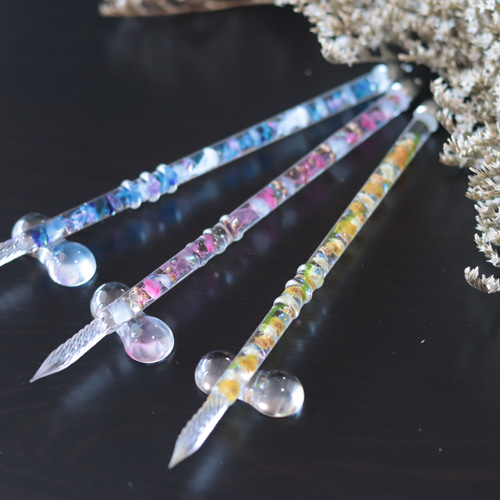 ガラス工房 LUC ガラスペン 水中花イセタンブルー 水中花のガラスペン～ボタニカルブルー～＊ガラスペン置き付き＊ハー