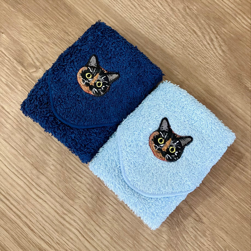 晴れやかブルー ☆* 猫さん刺繍泉州ハンカチタオル2枚セット ハンカチ