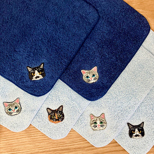 晴れやかブルー ☆* 猫さん刺繍泉州ハンカチタオル2枚セット ハンカチ
