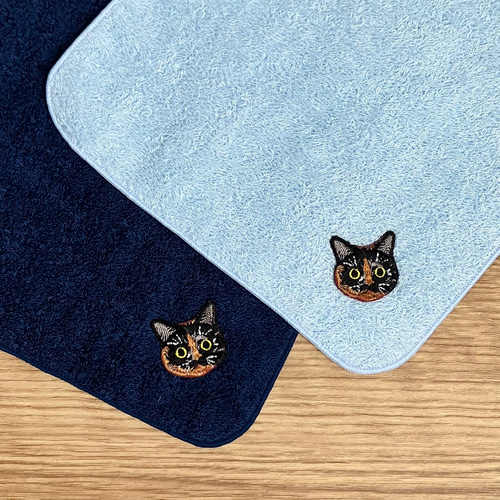 晴れやかブルー ☆* 猫さん刺繍泉州ハンカチタオル2枚セット ハンカチ