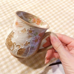 【清水焼】ハートネコ　マグカップ　ピンク 5枚目の画像