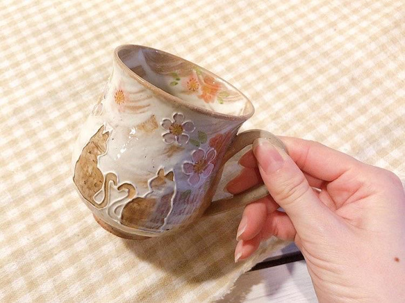 【清水焼】ハートネコ　マグカップ　ピンク 5枚目の画像