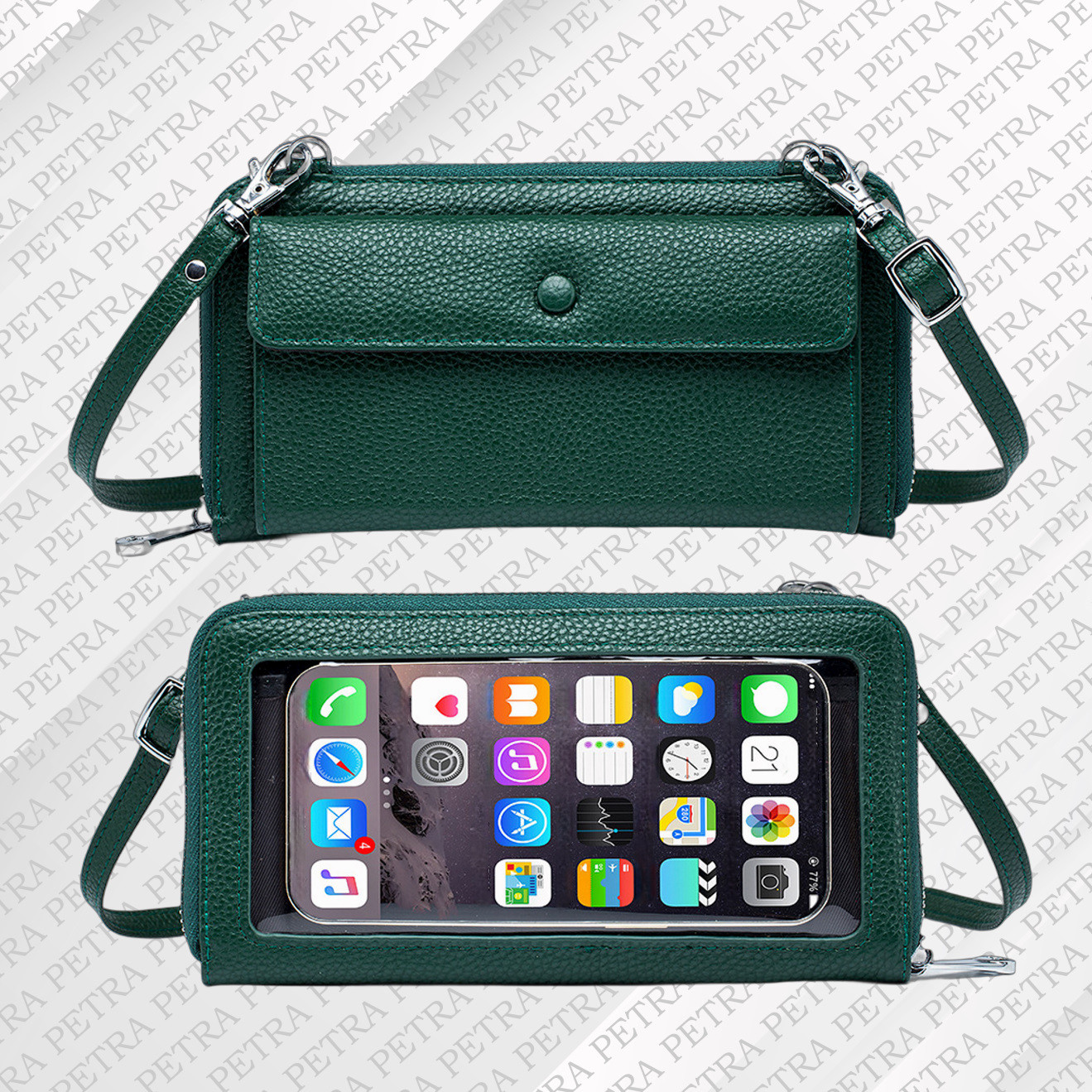 ペトラ【PETRA】本革携帯入れポシェット　携帯入れ兼財布　本革長財布　スマホポシェット　スマホを入れたまま操作 GRN