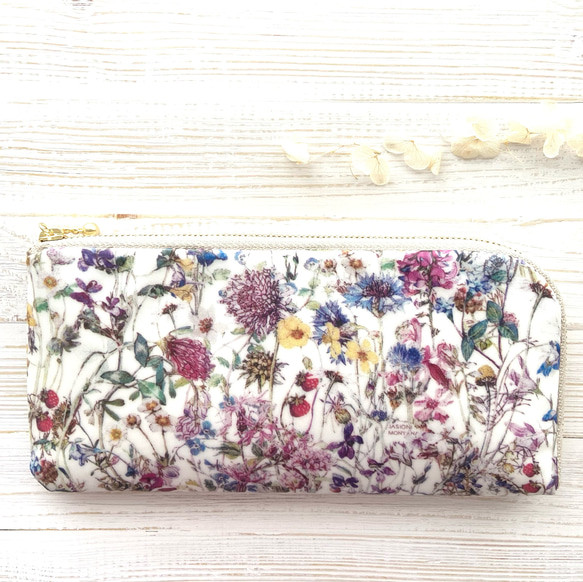 ＊ラミネート＊ L字ファスナー長財布 ワイルド・フラワーズ モスグリーン リバティプリント使用