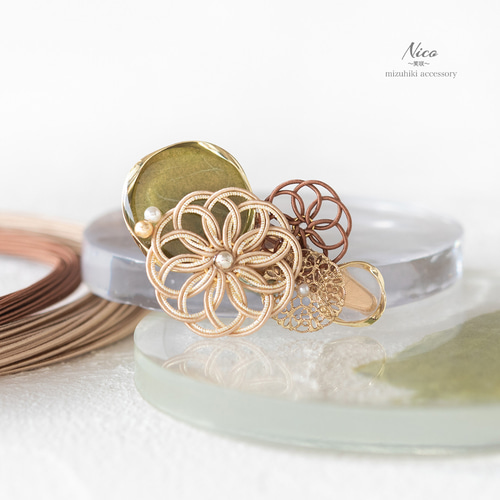 水引ヘアクリップ 透かし花躍る 五箇山和紙 抹茶×ベージュ ヘア