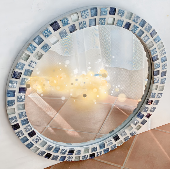 ティファニーブルー 壁掛け鏡 陶器 円形ミラー アンティーク