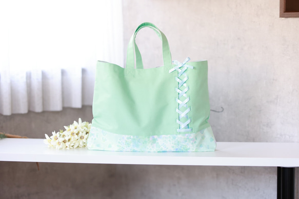 女の子*編み上げリボンの海の宝石 レッスンバッグ ～ミント～ レッスン