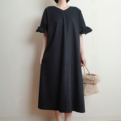 Creema限定　 Hirahirasode one piece harf linen canvas　漆黒 8枚目の画像