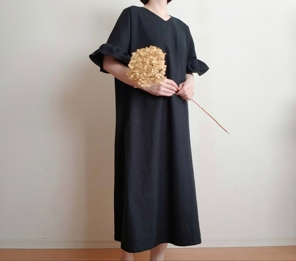 Creema限定　 Hirahirasode one piece harf linen canvas　漆黒 12枚目の画像