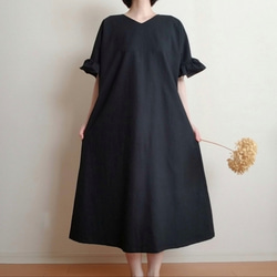 Creema限定　 Hirahirasode one piece harf linen canvas　漆黒 2枚目の画像