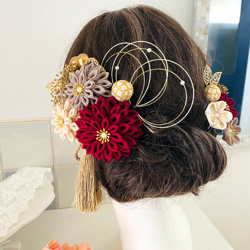 つまみ細工 ヘア飾り ワインカラー 卒業式 卒業式髪飾り 袴 水