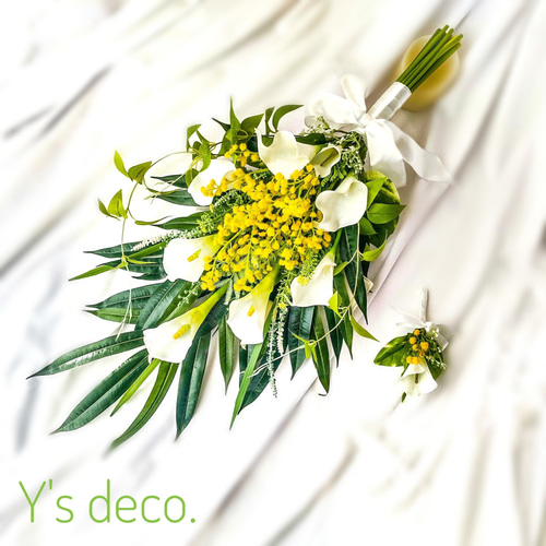 生花に見える】ミモザ2025 ウェディングブーケ カラー 白 造花ブーケ