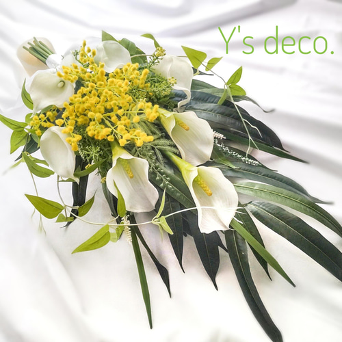 生花に見える】ミモザ2025 ウェディングブーケ カラー 白 造花ブーケ