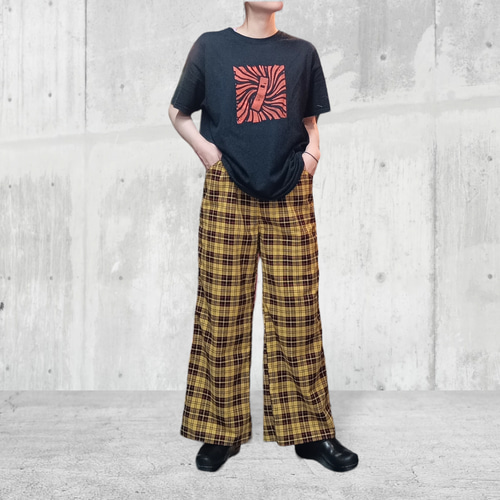 タータンチェック ライン ワイドパンツ:イエロー 褲裙・寬褲