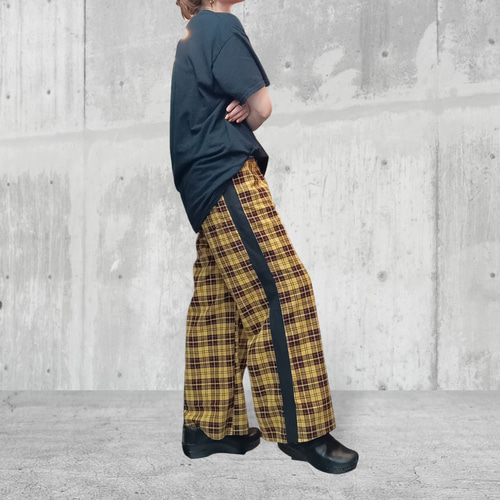 タータンチェック ライン ワイドパンツ:イエロー キュロット タータンチェック ライン ワイドパンツ:イエロー キュロット