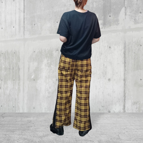タータンチェック　ラインハーフワイドパンツ:イエロー タータンチェック ラインハーフワイドパンツ:イエロー ハーフ