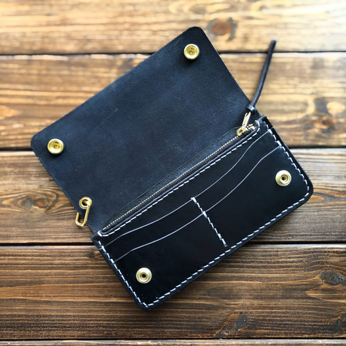 ヌメ革/手染めBLACK ロングトラッカーウォレット 2層】 長財布 yc_