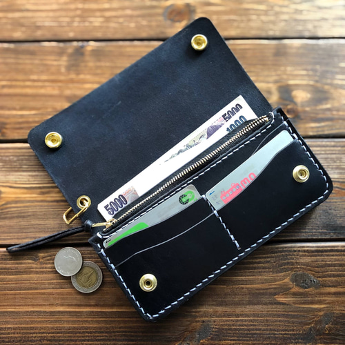 ヌメ革/手染めBLACK ロングトラッカーウォレット 2層】 長財布 yc_