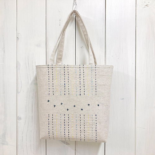 ワンマイルmini【ペンギン】 刺し子・綿麻・帆布 トートバッグ