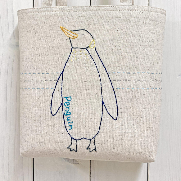 ワンマイルmini【ペンギン】　刺し子・綿麻・帆布 3枚目の画像