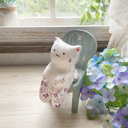 紫陽花のわこねこ陶人形/陶人形 猫 置物 パール彩 アジサイ 5枚目の画像