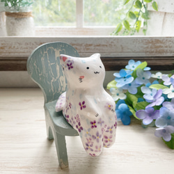 紫陽花のわこねこ陶人形/陶人形 猫 置物 パール彩 アジサイ 7枚目の画像
