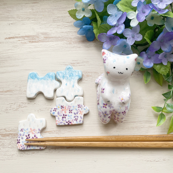 紫陽花のわこねこ陶人形/陶人形 猫 置物 パール彩 アジサイ 11枚目の画像