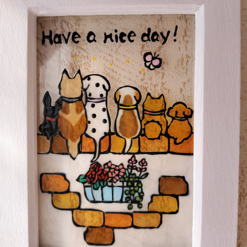 送料無料*ステンドグラス風*犬とレンガの壁・ハスキー・ポメ