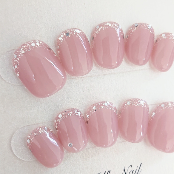 大人可愛いラメフレンチ ネイル/くすみピンク/前撮りネイル/結婚式ネイル/ネイルチップ/ブライダル/Ｊ190 11枚目の画像