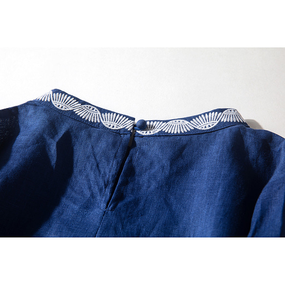 リネンワンピース　襟刺繍　半袖ワンピース　シンプルワンピース　ネイビー3サイズ　L170NV 8枚目の画像
