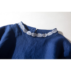リネンワンピース　襟刺繍　半袖ワンピース　シンプルワンピース　ネイビー3サイズ　L170NV 3枚目の画像