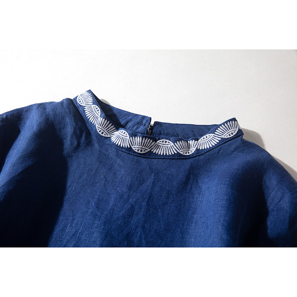 リネンワンピース　襟刺繍　半袖ワンピース　シンプルワンピース　ネイビー3サイズ　L170NV 3枚目の画像