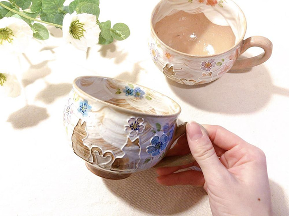 【清水焼】ハートネコ　スープカップ　ブルー 4枚目の画像