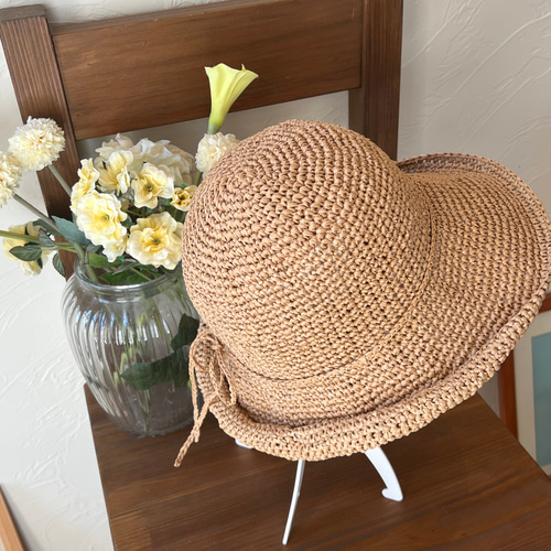 ラフィア後ろ跳ね上げ麦わら帽子【サイズオーダー可能】ツバの形変え