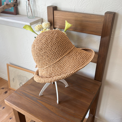 ラフィア後ろ跳ね上げ麦わら帽子【サイズオーダー可能】ツバの形変え