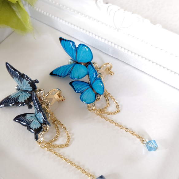 【蝶々イヤーカフ(クリップ式イヤリング)♪】モルフォ蝶(新色)、オオルリアゲハ、青い蝶。蝶々イヤリング。左耳用。 5枚目の画像