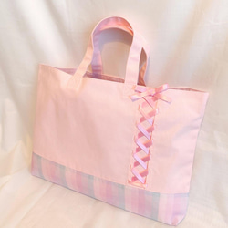 *女の子*編み上げリボンのパステルチェック　レッスンバッグ　絵本袋　習い事バッグ～ピンク～　 3枚目の画像