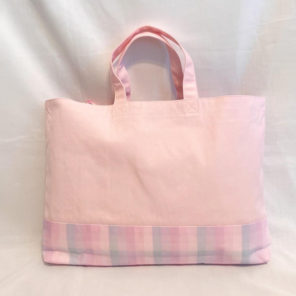 *女の子*編み上げリボンのパステルチェック　レッスンバッグ　絵本袋　習い事バッグ～ピンク～　 2枚目の画像