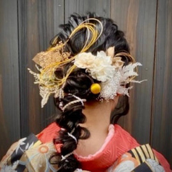 ソーラーフラワーと飾り紐の髪飾り　水引付き／成人式　結婚式　卒業式　振袖　袴　和装　紐アレンジ　ドライフラワー 11枚目の画像