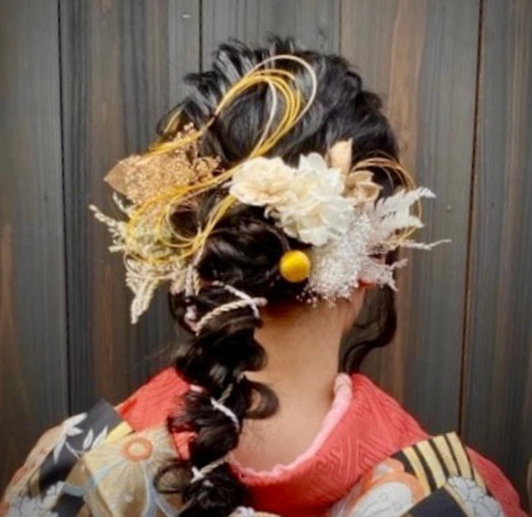 ソーラーフラワーと飾り紐の髪飾り　水引付き／成人式　結婚式　卒業式　振袖　袴　和装　紐アレンジ　ドライフラワー 11枚目の画像