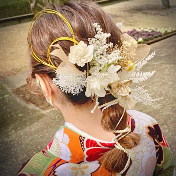 ソーラーフラワーと飾り紐の髪飾り　水引付き／成人式　結婚式　卒業式　振袖　袴　和装　紐アレンジ　ドライフラワー 10枚目の画像