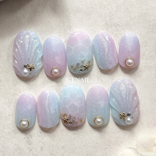 パステルマーメイドネイル/貝殻ネイル/シェルネイル/うねうねネイル/鱗