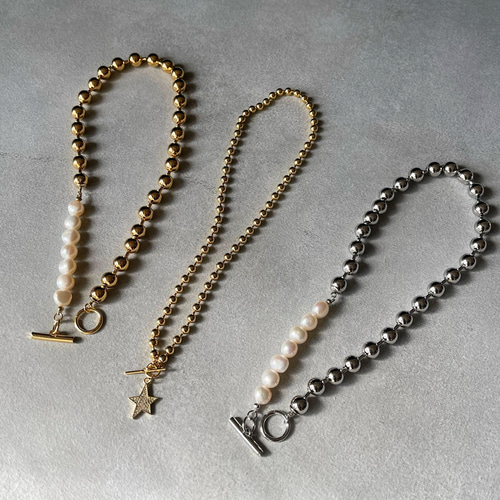 ボールチェーン＆淡水パール ゴールド チョーカー ネックレス