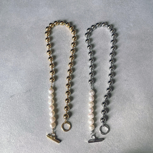 ボールチェーン＆淡水パール ゴールド チョーカー ネックレス