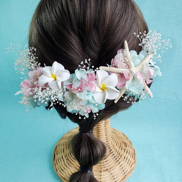プルメリア　ピンク　エメラルドグリーン　スターフィッシュ　ヒトデ　髪飾り　結婚式　 1枚目の画像