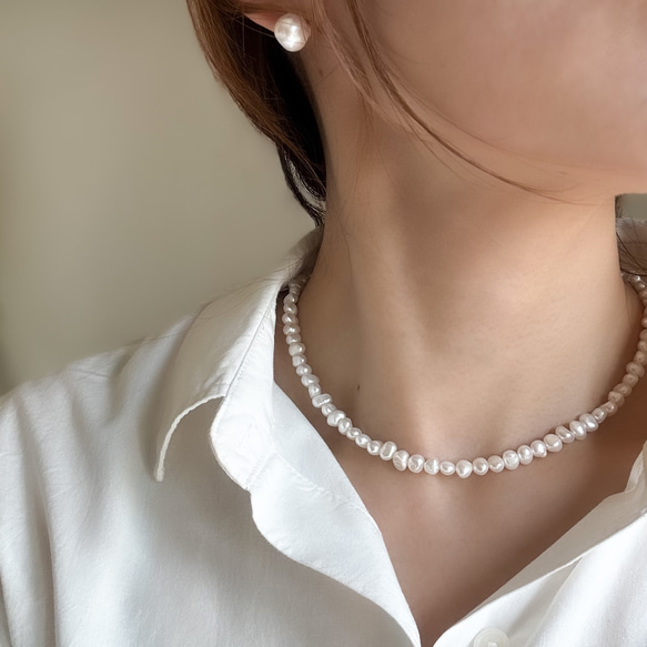 【パールをカジュアルに】38cm～/バロックパール パールネックレス サージカルステンレス チョーカー 結婚式 クラスプ 3枚目の画像