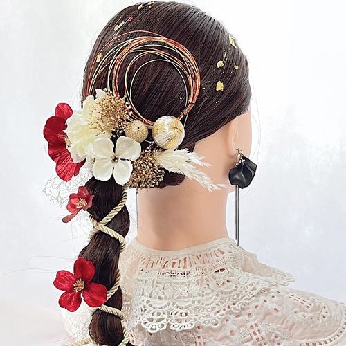 成人式 髪飾り 成人式髪飾り レッドホワイトゴールドミックス 卒業式